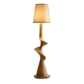 Wooden floor lamp with a unique spiral design on a white background