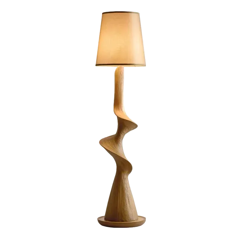 Wooden floor lamp with a unique spiral design on a white background