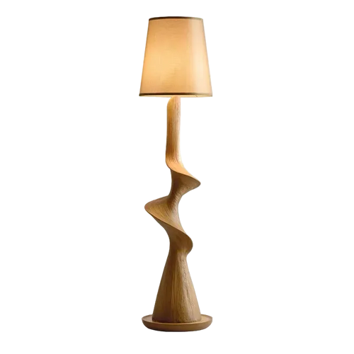 Wooden floor lamp with a unique spiral design on a white background