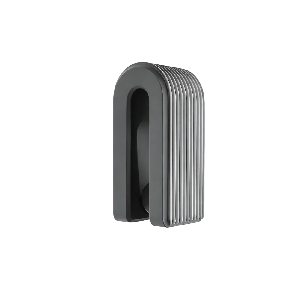 A modern dark gray U-shaped wall hook with a ribbed textured side, shown on a clean off-white background.