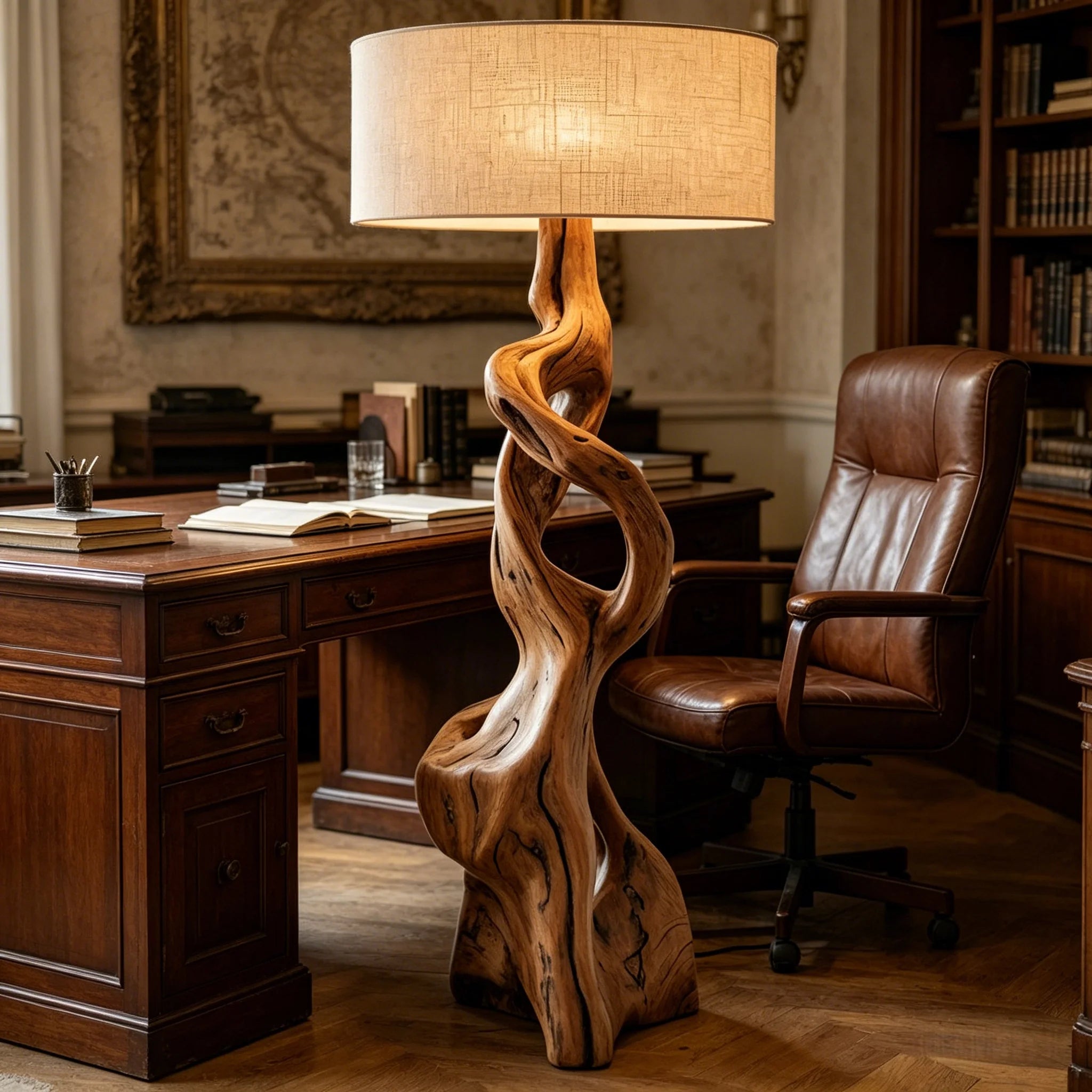 Hand‑Carved Wooden Floor Lamp