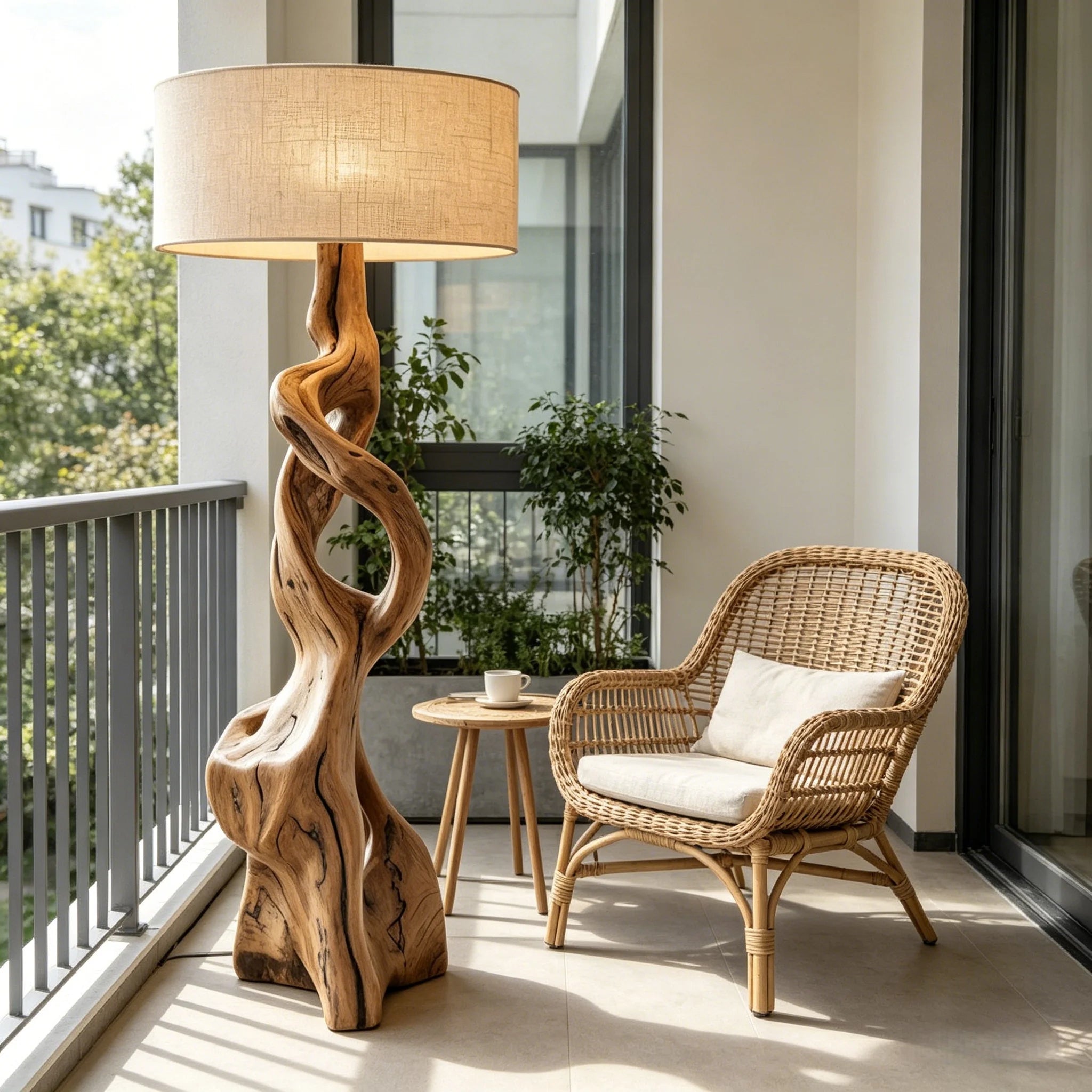 Hand‑Carved Wooden Floor Lamp