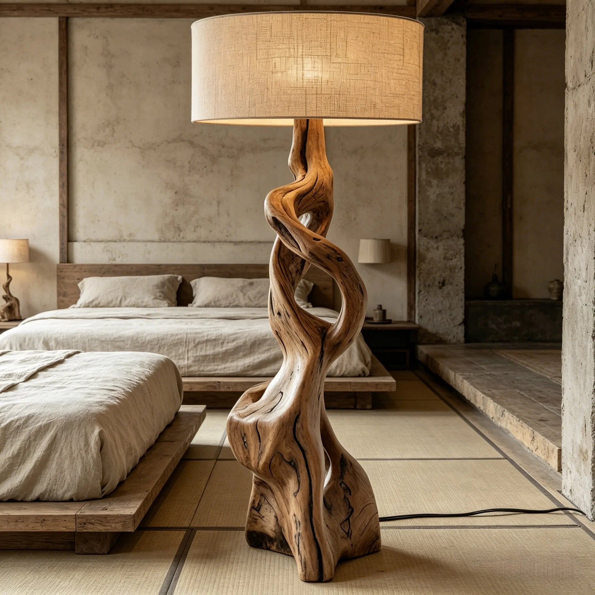 Hand‑Carved Wooden Floor Lamp