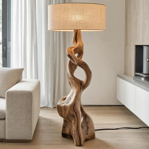 Hand‑Carved Wooden Floor Lamp