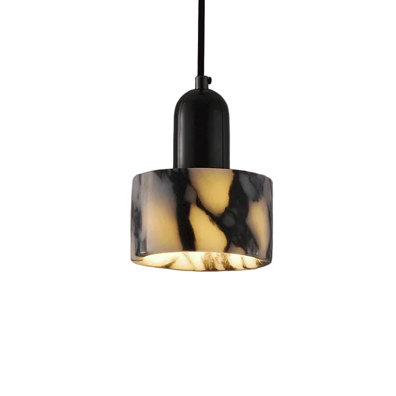 Marble-patterned pendant light with black fixture on a gray background.
