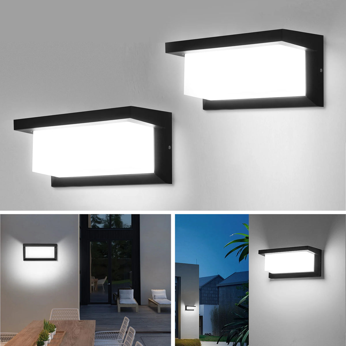 Two outdoor wall lights with different settings on a gray background.