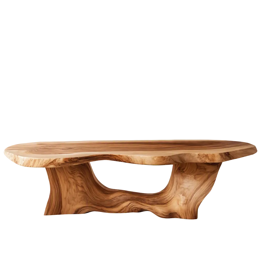 A rustic live-edge wooden coffee table with a natural organic shape and rich wood grain, shown against a plain white background with a small 'Made with AI' text overlay in the top right corner.