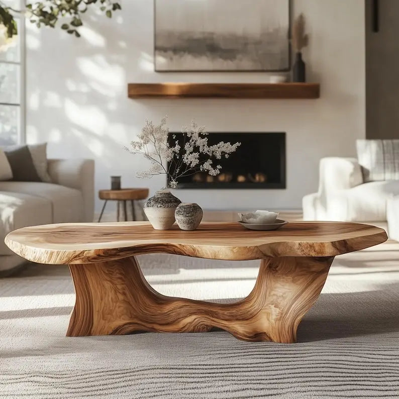 A rustic live-edge wooden coffee table with a natural wavy base, styled in a bright, modern living room with a fireplace and neutral-toned furniture.