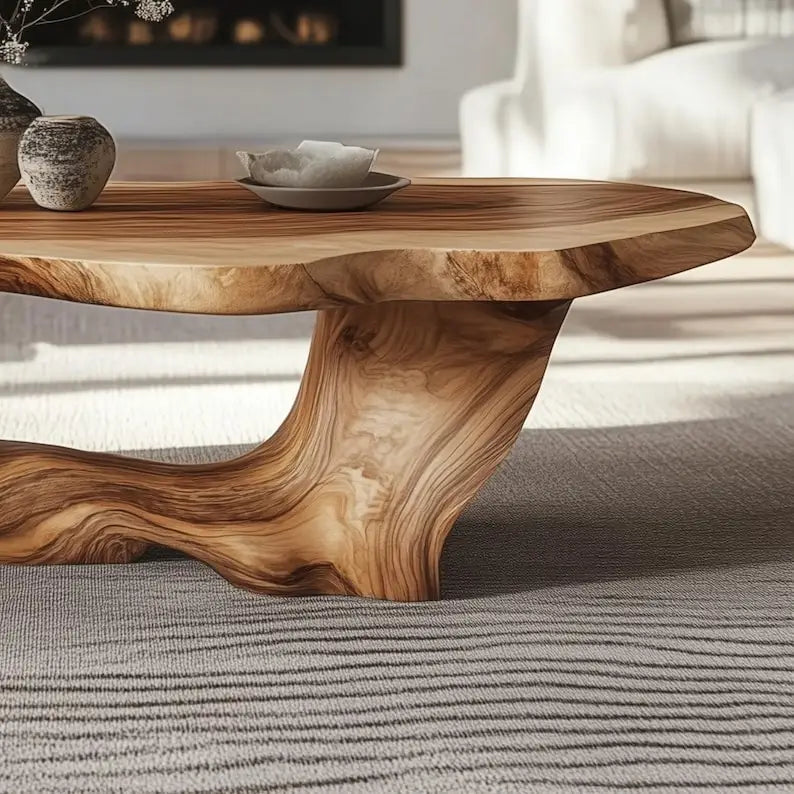 A rustic live-edge wooden coffee table with a sculptural, wavy base made from natural wood grain, styled in a modern living room setting on a gray striped rug.