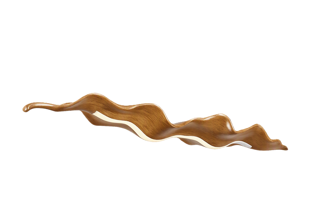 A wavy, organic-shaped wooden tray or serving board with a smooth medium-brown finish and a light cream inner lining, shown on a plain white background.