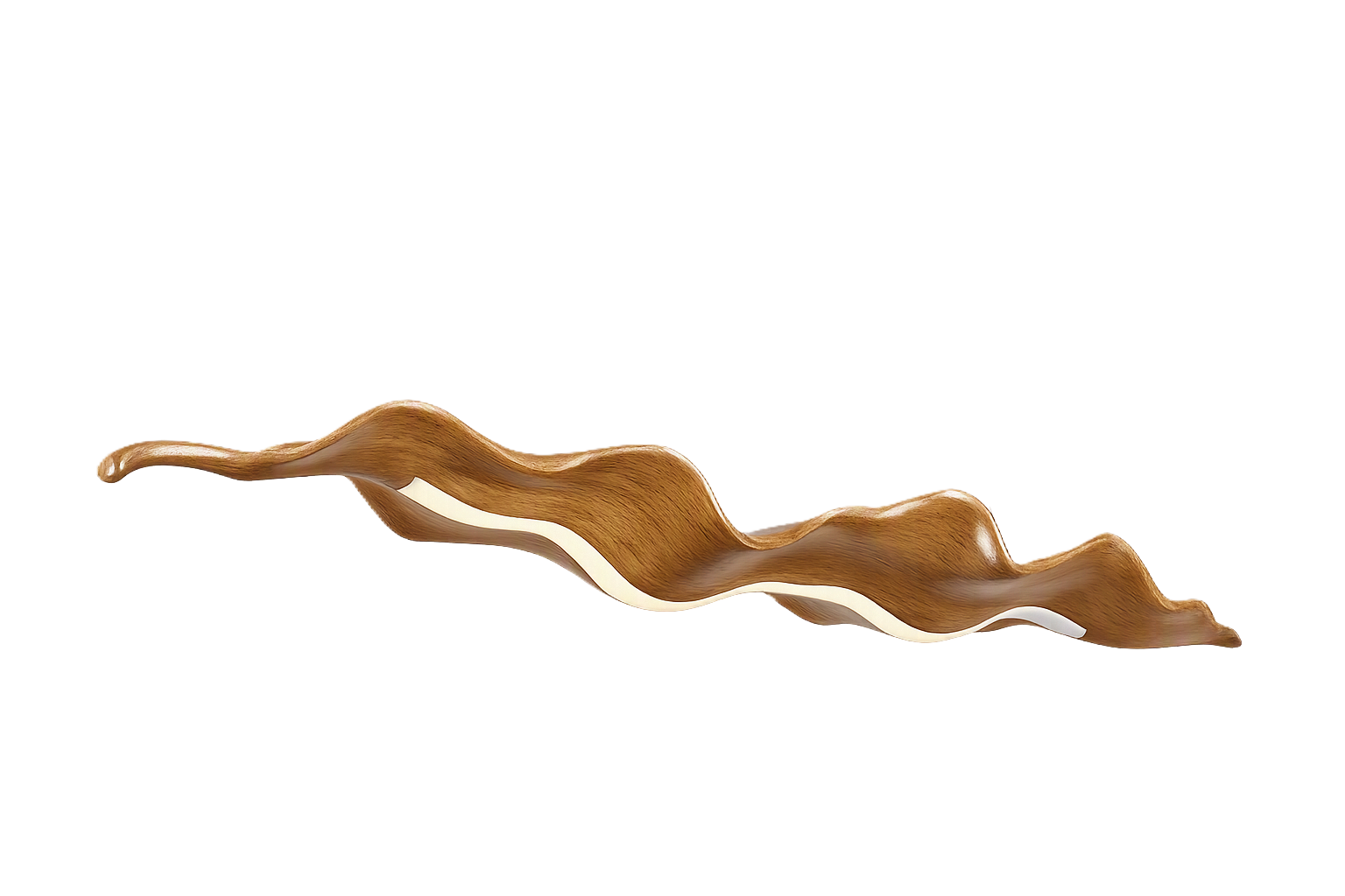 A wavy, organic-shaped wooden tray or serving board with a smooth medium-brown finish and a light cream inner lining, shown on a plain white background.